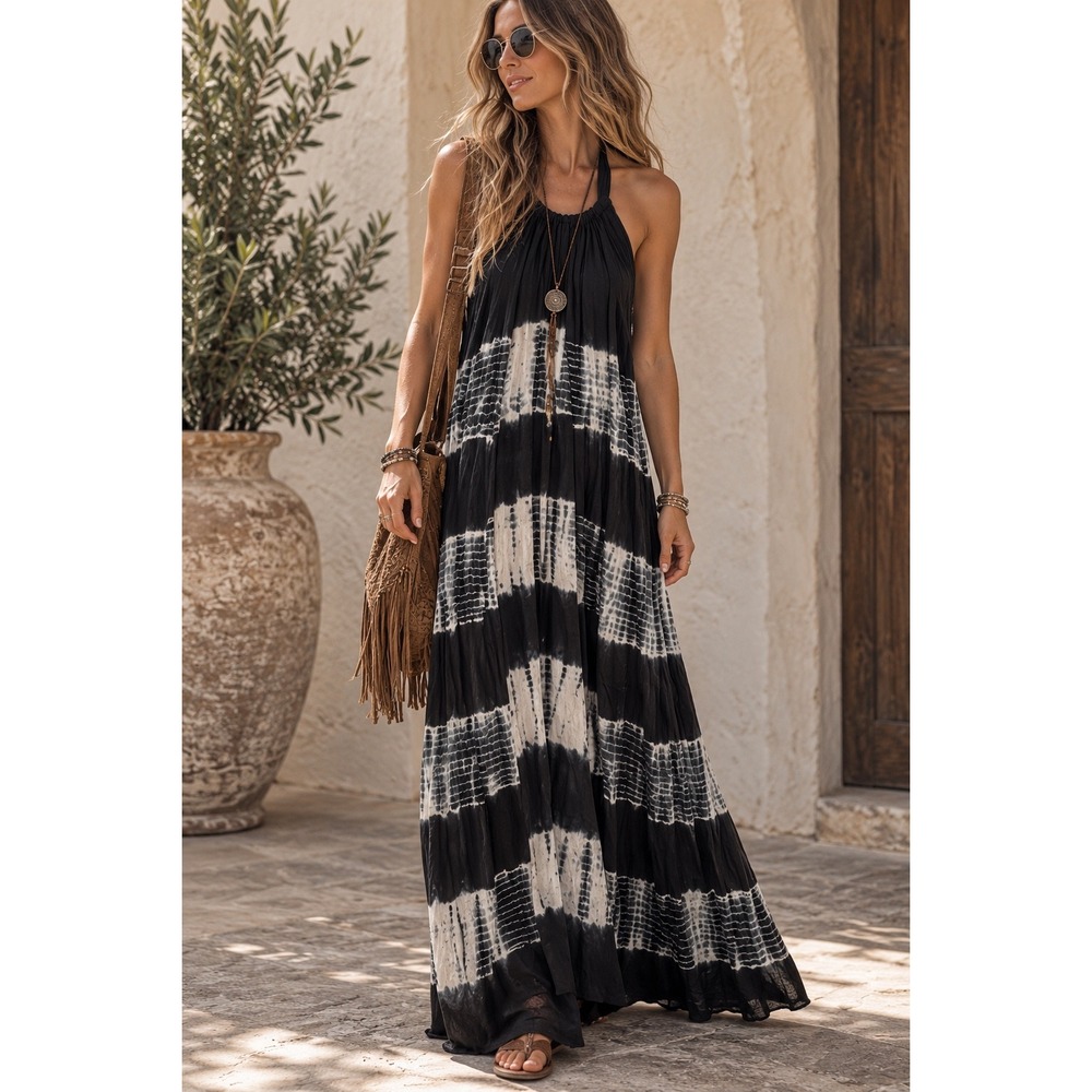 Elan Black White Tie Dye Halter Open Back Maxi Dress  NWT